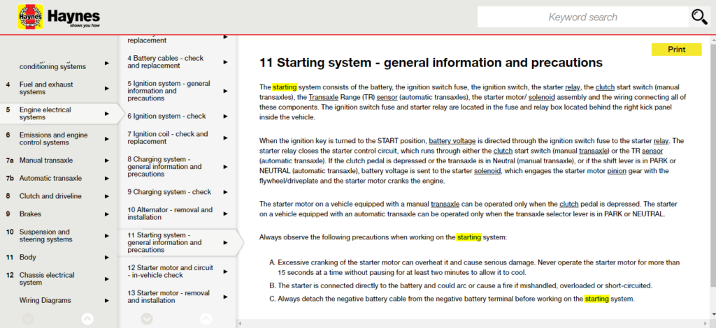 haynes online search result highlighted words